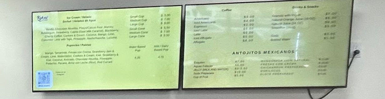 Photograph of the Kyka’s Delights shop menu, with ice cream, paletas, coffee, drinks and Mexican snacks